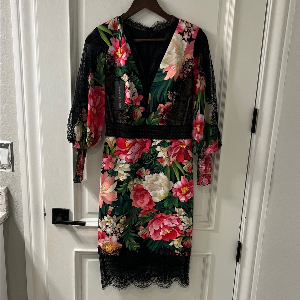 Tadashi Shoji Floral Black Lace Dress sz 0 NWT